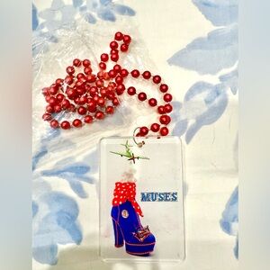 Crewe of Muses 2025 New Red and Blue Mardi Gras Beads, with magnetic medal.